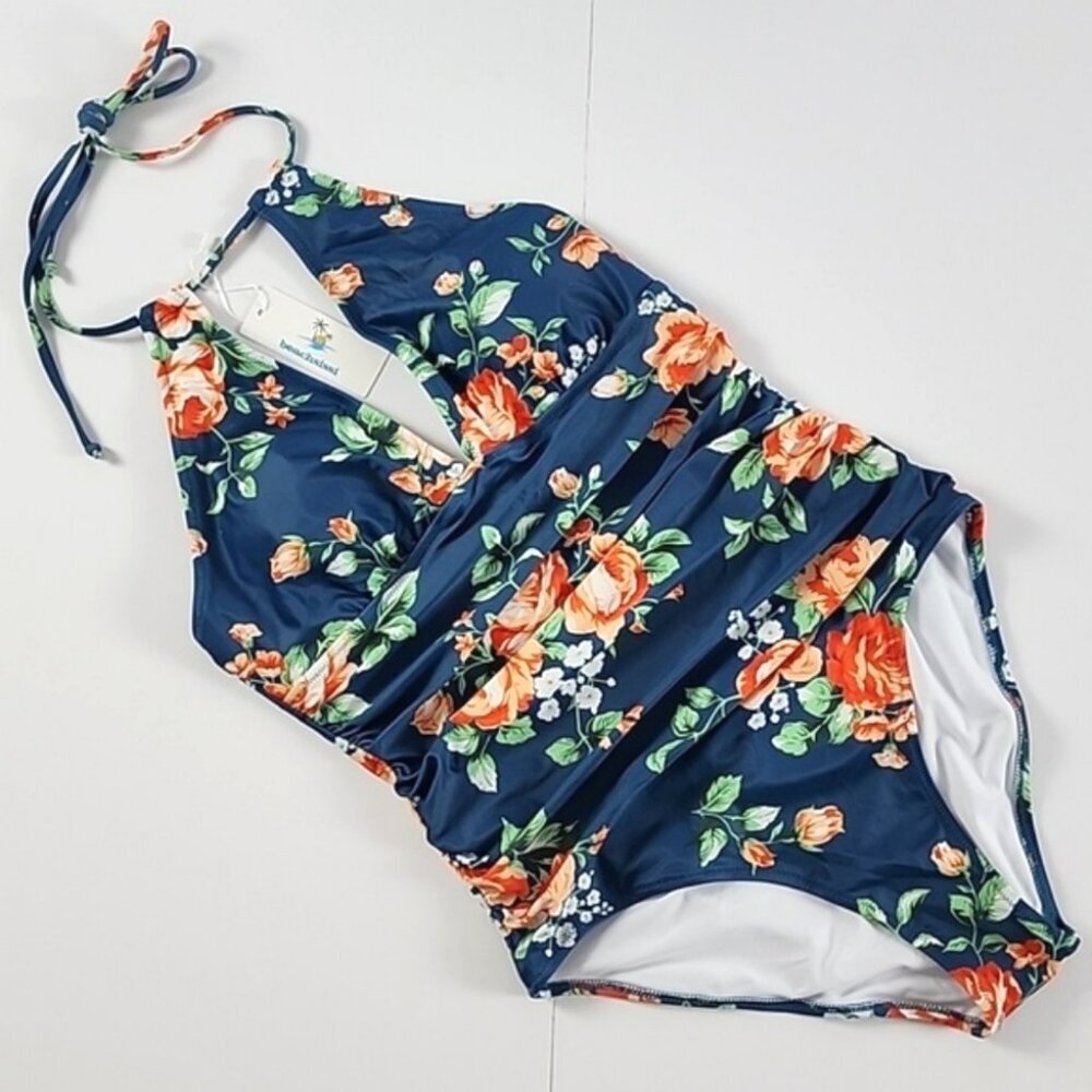 Beachsissi Women's One Piece Halter Neck Cross Front Blue Floral Swimsuit Size M